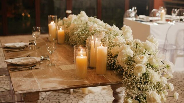 Decoration dinner set up in Thailand and tropical wedding set upWedding decor table set up candle catering dinner dish luxury event. Close up Festive fine setting white table row chair flower