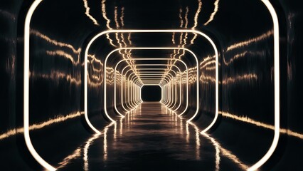 Dark neon glowing lines in a dark tunnel. Reflections on the floor and ceiling
