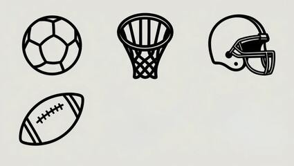 Collection of Sport Icons Soccer Ball Basketball Hoop American Football and Helmet