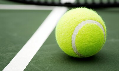 Tennis ball on green court near white line, ready for serve.