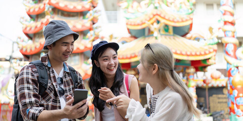 Travel adventures with friends at a vibrant festival colorful streets candid moments joyful atmosphere