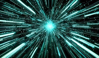 Turquoise light streaks burst from central point on black background, ideal for sci-fi or abstract projects.