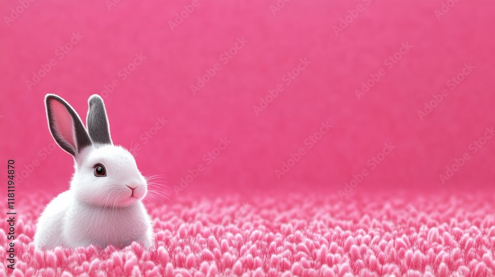 Aufkleber white rabbit is sitting in a field of pink flowers. the image has a playful and whimsical mood, as t