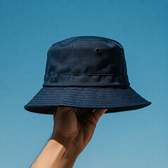 Mockup of man hand holding navy blue plain bucket hat against sky background
