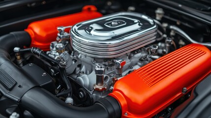 A close-up of a shiny engine with chrome detailing and vibrant orange valve covers, showcasing intricate components and automotive craftsmanship.