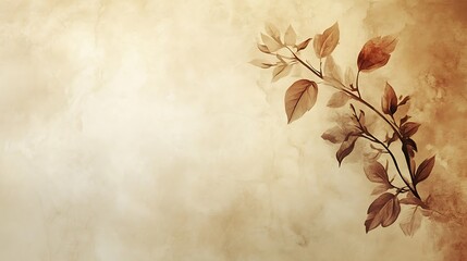 Sepia toned branch with leaves on textured background