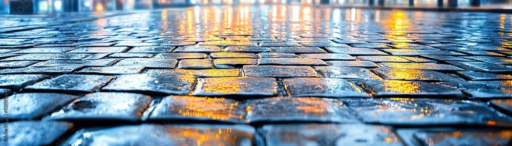 Poster a close-up view of wet cobblestones reflecting colorful lights, creating a vibrant and atmospheric u