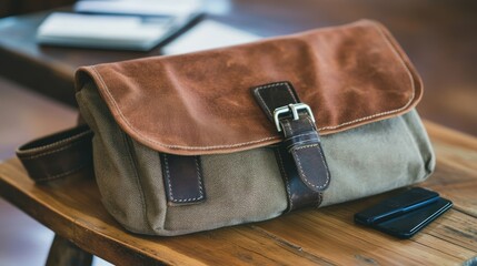 A canvas bag being packed with office supplies for a day at work.