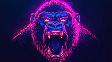 Obraz premium A snarling neon gorilla with glowing fangs and intense pink and blue light effects in a cyberpunk-inspired digital artwork with high energy 