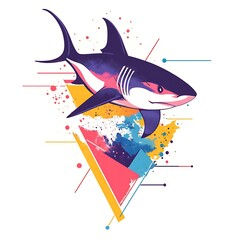 Colorful graphic of a shark with abstract elements.