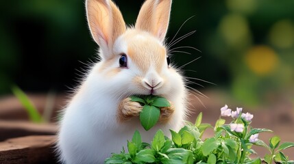 Fototapeta premium Cute white rabbit is eating a green leaf. The rabbit is small and fluffy, and it is enjoying its snack. Concept of innocence and playfulness, as the rabbit is simply enjoying a moment of relaxation