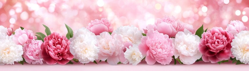 Elegant pink and white flowers arranged on a solid pink backdrop 