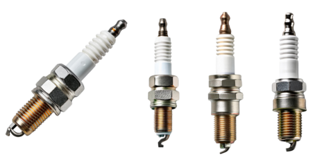 Spark plugs of various designs, isolated on a white background.