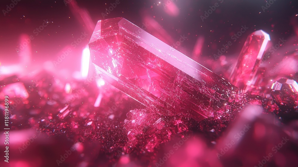 Poster luminous red crystal: a close-up view of sparkling gemstone structure. captivating macro photography