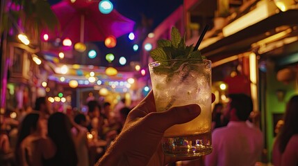 Fototapeta premium A close-up of a hand holding a mojito with a lively cocktail party in the background.