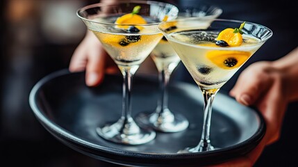 A close-up of a tray with martinis and champagne flutes being carried by a server.