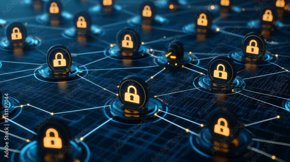 Poster enhanced network security, a secure lock protecting data flow and digital connections