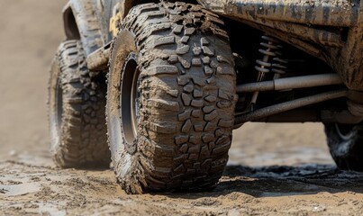 Close-up of a muddy tire on an off-road vehicle in a rugged terrain.