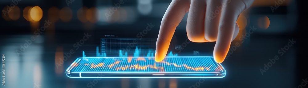 Poster a futuristic hand interacts with a holographic smartphone display featuring vibrant data visualizati