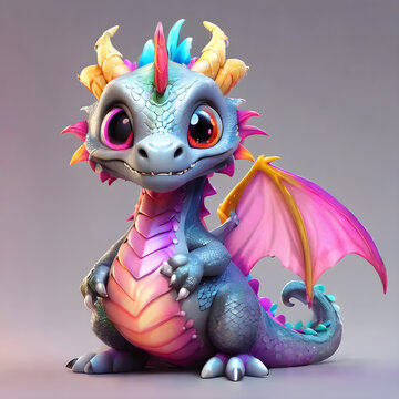 A cluster of 3D dragons in various bright, glowing colors on a plain misty gray background, ultra-detailed scales.