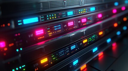 Obraz premium Luminous Servers: A captivating view into the heart of a modern data center, showcasing the intricate network of technology and the digital age's infrastructure.