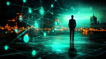 Man exploring futuristic digital interface against a vibrant cityscape backdrop