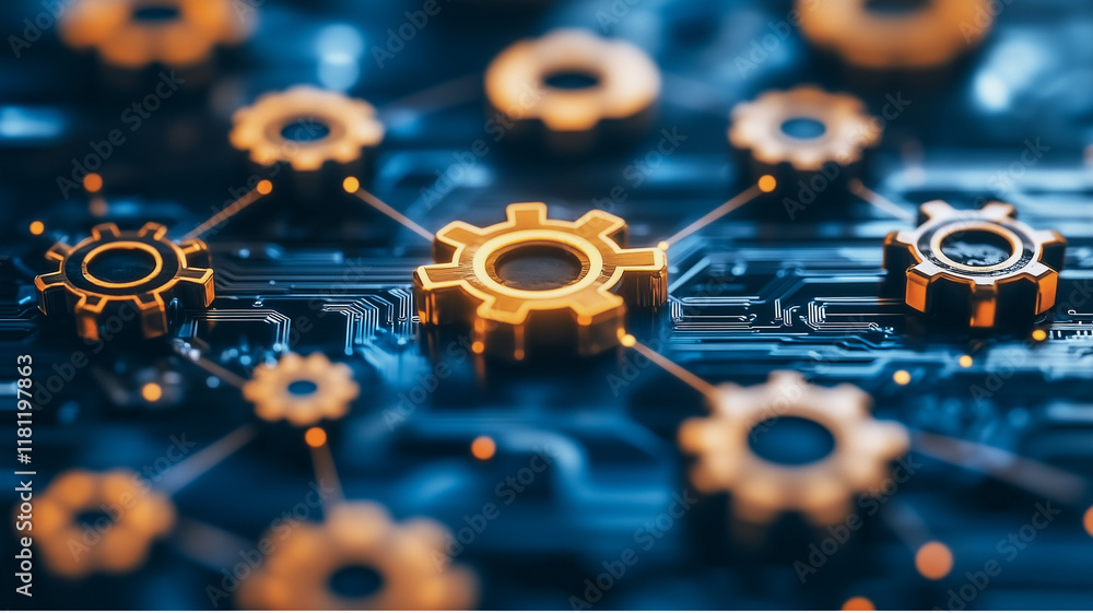 Poster interconnected gears: a close-up of gold gears interlocked on a blue circuit board, symbolizing the 