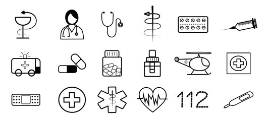 Conjunto de iconos médicos en estilo lineal, representando elementos de salud como medicamentos, ambulancia, estetoscopio y primeros auxilios