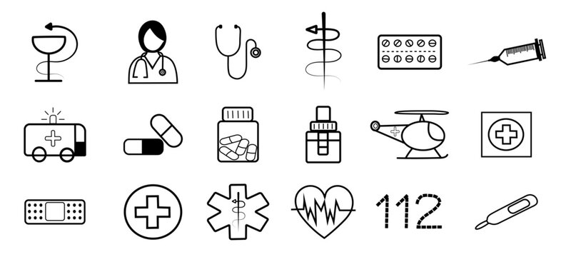 Conjunto de iconos m&eacute;dicos en estilo lineal, representando elementos de salud como medicamentos, ambulancia, estetoscopio y primeros auxilios