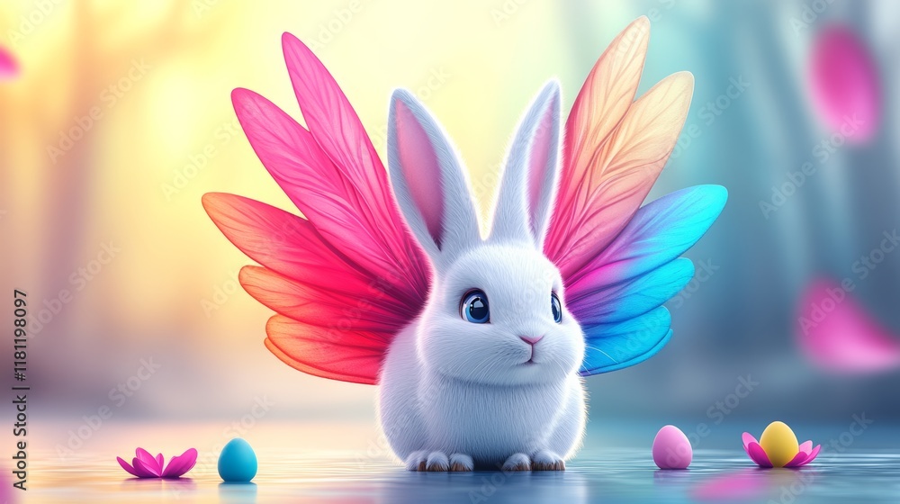 Poster rabbit with colorful wings is sitting on a surface with flowers and eggs. the image has a whimsical 