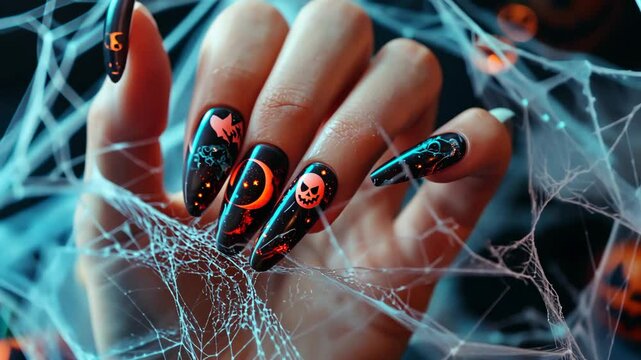 Spooky halloween nail art with glowing jacko'lantern designs and web patterns