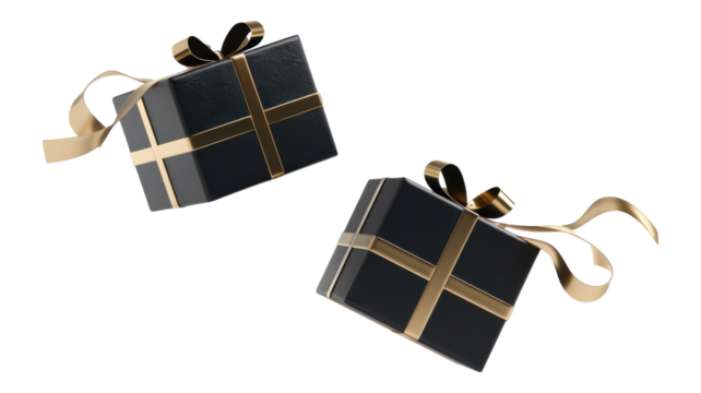 Flying Two Black Gift Boxes with Gold Ribbon – Perfect for Celebrating Special Occasions or Promotions transparent background