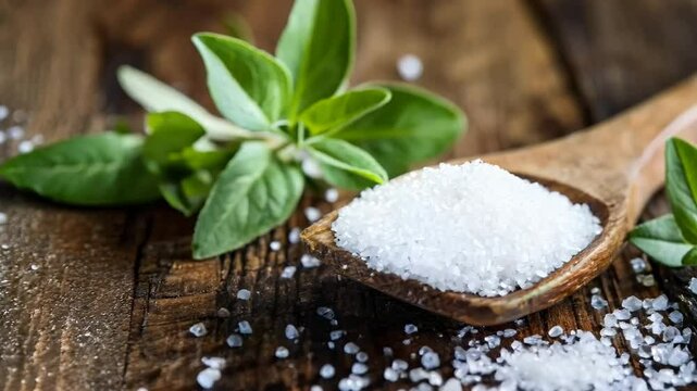 Natural sweetener stevia powder on wooden spoon