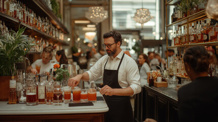 A lively bar scene with bartenders at work behind a busy bar counter, mixing cocktails and interacting with customers in a vibrant and modern bar setting.