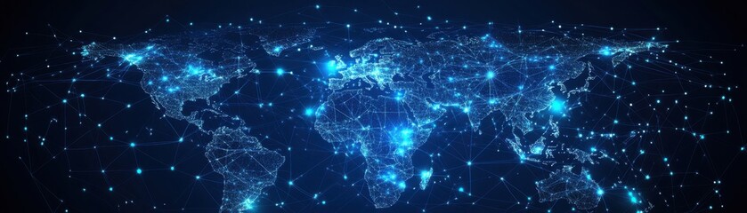 A digital map of the world illuminated with interconnected blue lines and points, symbolizing global connectivity and data networks.