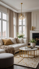 Fototapeta premium Bright spacious living room with golden accents neutral sofa and modern abstract painting on the wall Contemporary Interior Design Livingroom Inspiration