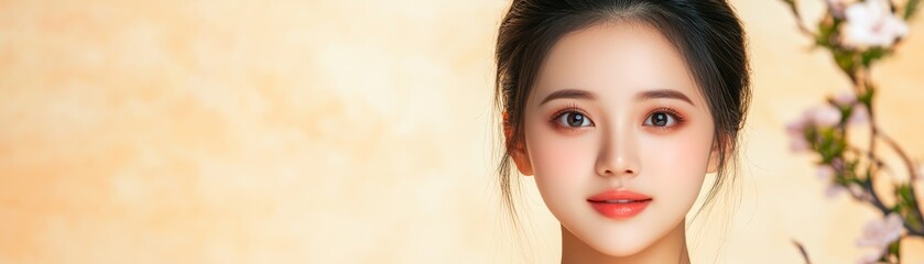 Fototapeta premium Portrait of a woman with long flowing hair and delicate flower adornment