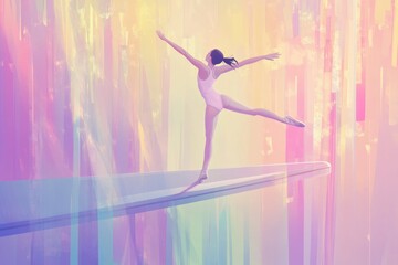 A dancer balances gracefully on a surreal, colorful platform.