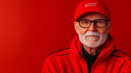 Man wearing a red hat and a red jacket is smiling. He is wearing glasses and has a beard