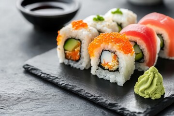Delicious sushi roll assortment displayed on a slate platter restaurant setting food photography culinary delight close-up view sushi art inspiration