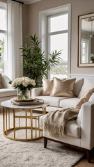 Contemporary golden living room with abstract wall art neutral couch and spacious windows Contemporary Interior Design Livingroom Inspiration