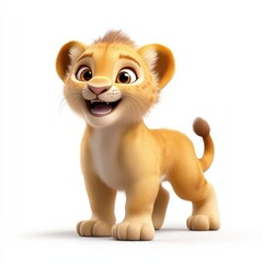 a happy lion cub cartoon, animal character, 3D illustration, adorable and glossy, isolated on white background