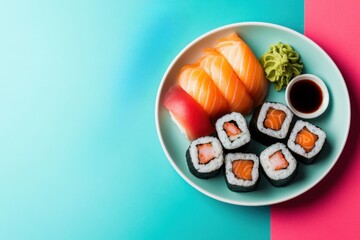 Sushi delight minimalist makis and sashimi plate studio setting food photography colorful background close-up view of artistic presentation