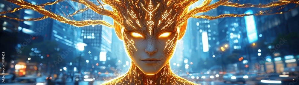 Poster a futuristic figure with glowing features and branches emanating from the head, set against a vibran