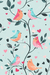 Diseño de primavera y San Valentín. Pájaros en ramas de árboles con decoración de símbolos de corazones.