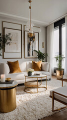 Fototapeta premium Cozy modern living room with neutral colored sofa golden accents large windows and a stylish abstract painting Contemporary Interior Design Livingroom Inspiration