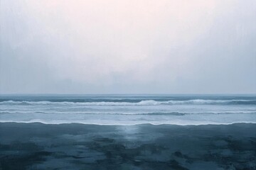 A serene seascape with gentle waves and a soft, muted sky.