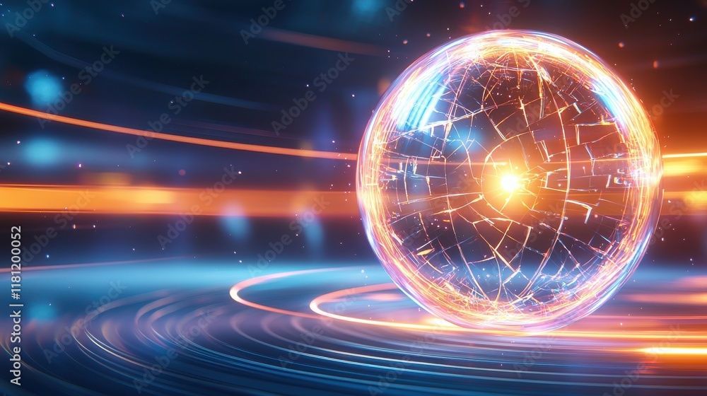 Poster a glowing sphere with intricate lines and radiant light, set against a dynamic, colorful background 