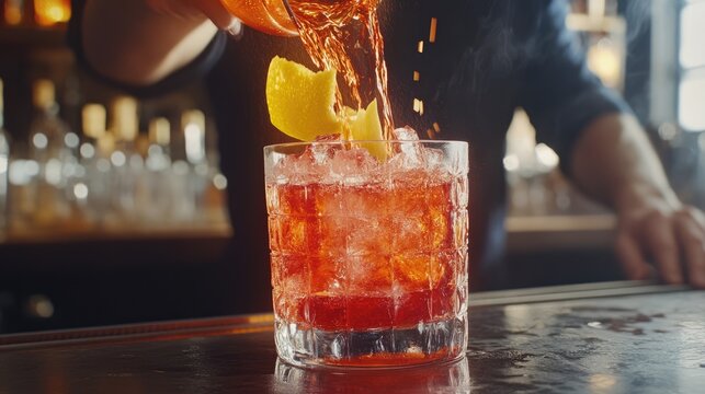A dynamic shot of a bartender pouring a vibrant red Cosmopolitan cocktail.