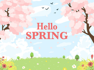 Hello spring banner. Trendy texture. Season vocation, weekend, holiday logo. Spring Time Wallpaper. Happy spring Day. Spring vector Lettering text. Fashionable styling. Flower vector.